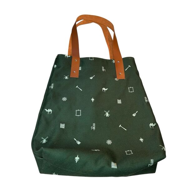 Market Tote Bag Canvas Fully Lined Leather Handles Green Patterned NRF Logo - Picture 3 of 10